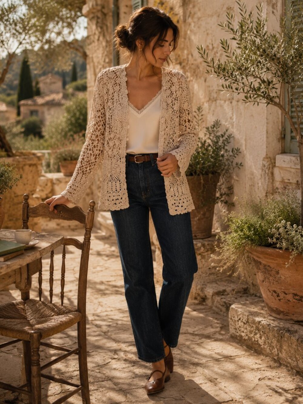 Boho Indie Sartorial Open Knit Crochet Cardigan Silk Blend Beige L Tape.measure